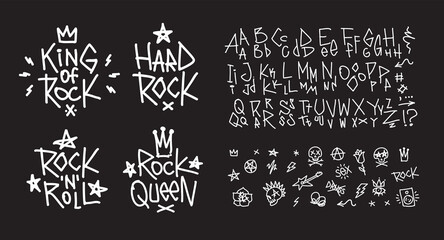 Poster - Set of Rock n roll doodle style symbols collection with hand written type font. Punk tattoo elements collection. Rock music signs for print stump tee and poster design