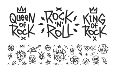 Poster - Set of Rock n roll doodle style pattern symbols collection with Punk and tattoo elements isolated on white. Rock music signs for print stump tee and poster design
