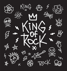 Poster - King of Rock vector doodle style icons vector set. Rock'n'Roll music hand lettering style. Fashion print or poster isolated vector. Rock n Roll culture cartoon elements print stamp t-shirt
