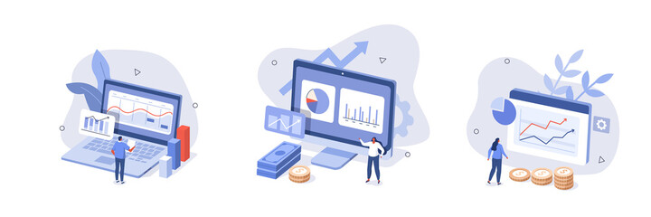 Poster - characters analyzing stock market data and planning investment strategy. people examining financial 