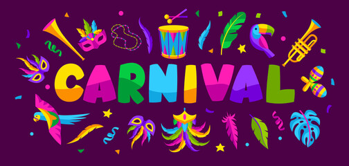 Wall Mural - Carnival party background with celebration icons, objects and decor. Mardi Gras illustration for traditional holiday.