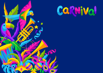 Wall Mural - Carnival party background with celebration icons, objects and decor. Mardi Gras illustration for traditional holiday.