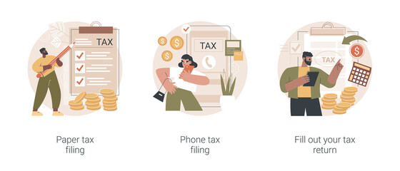 Poster - Tax return deadline abstract concept vector illustration set. Paper or phone tax filing, fill out your tax return, financial report, money refund, business profit, budget planning abstract metaphor.