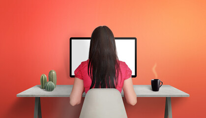 Aufkleber - Girl work on computer. Remote, work from home concept. Work desk with plants and coffee mug