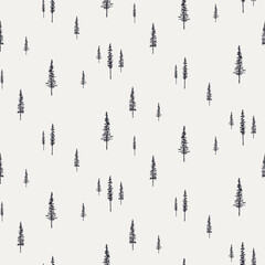 spruce, fir trees silhouettes, minimal winter seamless pattern, black on gray background. hand drawn