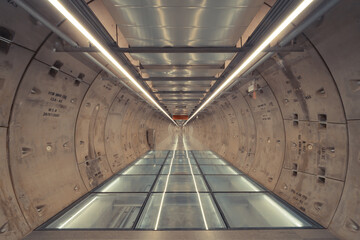 Aufkleber - Samyan Mitrtown tunnel. Empty Sci-Fi modern futuristic cyber room with hallway and lights in smart technology and business concept. Interior design. Metro subway in Bangkok City, Thailand.