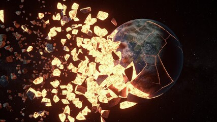 Wall Mural - collision of planet earth and moon. splitting the planets into small pieces. disaster concept. 3d an