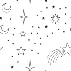 Wall Mural - Sky seamless pattern with Mystical and Astrology elements, Space objects, planet, constellation, moon, stars, sun. Astronomy themed background texture. Starry motive.