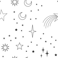 Wall Mural - Sky seamless pattern with Mystical and Astrology elements, Space objects, planet, constellation, moon, stars, sun. Astronomy themed background texture. Starry motive.