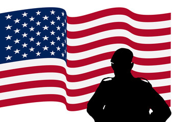 Silhouette of an American soldier facing waving USA national flag,  white background. Concept: United States Army, Veterans Day, Memorial Day, Armed Forces Day, US military services