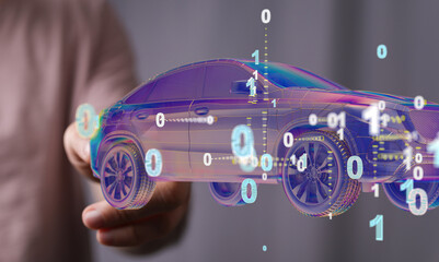 Poster - Man holding and touching holographic smart car