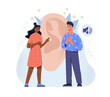 Mal and female deaf characters are talking with hand gestures on white background. Ear and mute sign. Concept of hearing loss, communication, sign language. Flat cartoon vector illustration