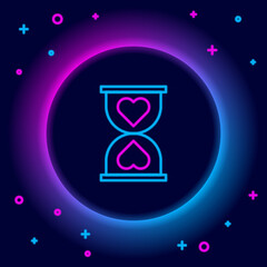 Poster - glowing neon line heart in the center old hourglass icon isolated on black background. valentines da