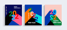 2022 New Year Greeting Banner.Numbers With Long Different Colors Shadows. Set Of Flyers, Posters, Cards In Simple Geometric Style. Design Templates For Branding, Cover, Card, Social Media. Vector.