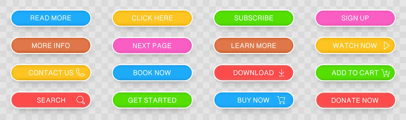 Poster - Big collection buttons Read More, learn more, download, subscribe, buy now, sign up, search, conatact us. Different colorful web button set. Vector illustration.