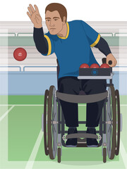 Wall Mural - para sports paralympic boccia, physical disabled male athlete sitting in specialized wheelchair throwing boccia ball with stadium in background