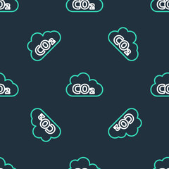 Sticker - Line CO2 emissions in cloud icon isolated seamless pattern on black background. Carbon dioxide formula, smog pollution concept, environment concept. Vector