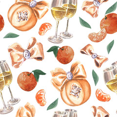 Watercolor Christmas seamless pattern with balls bows tangerines and champagne on white background. Vintage pattern. Good for backgrounds and wrapping paper.