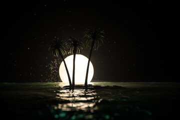 Wall Mural - Futuristic night landscape with abstract landscape and island, moonlight, shine. Dark natural scene with reflection of light in the water, neon blue light. Dark neon circle background. Pyramids