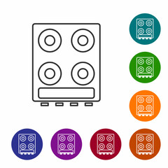 Sticker - Black line Gas stove icon isolated on white background. Cooktop sign. Hob with four circle burners. Set icons in color circle buttons. Vector