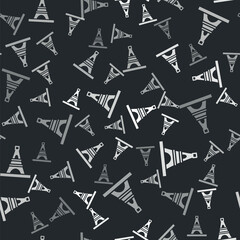 Wall Mural - Grey Eiffel tower icon isolated seamless pattern on black background. France Paris landmark symbol. Vector