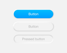 Neumorphic Style Buttons Set. Selected And Pressed Button In Neumorphism Design Isolated On Gray Background. Vector EPS 10