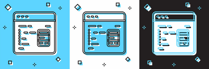 Set Software, web developer programming code icon isolated on blue and white, black background. Javascript computer script random parts of program code. Vector