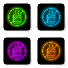 Sticker - Glowing neon line No alcohol icon isolated on white background. Prohibiting alcohol beverages. Forbidden symbol with beer bottle glass. Black square button. Vector