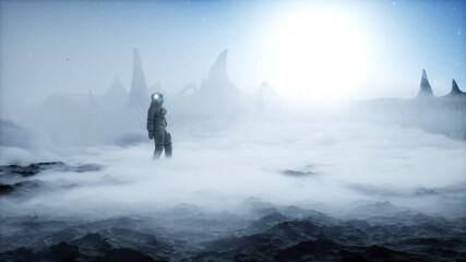 Wall Mural - astronaut on alien planet. mars surface. space travel. 3d rendering.