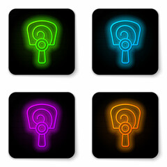 Canvas Print - Glowing neon line Korean hand fan icon isolated on white background. Black square button. Vector