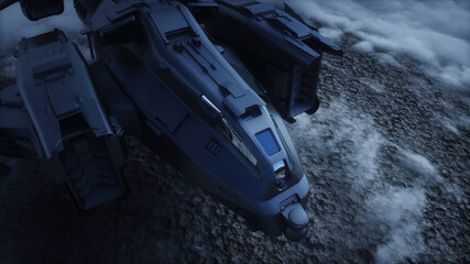 Wall Mural - futuristic ship landing on alien planet. mars surface. 3d rendering.