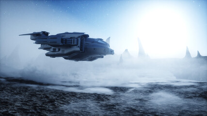 Wall Mural - futuristic ship landing on alien planet. mars surface. 3d rendering.