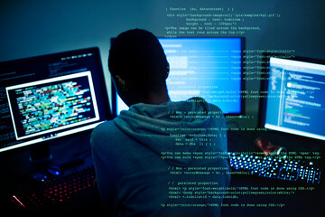 Poster - Computer hacker using three computers