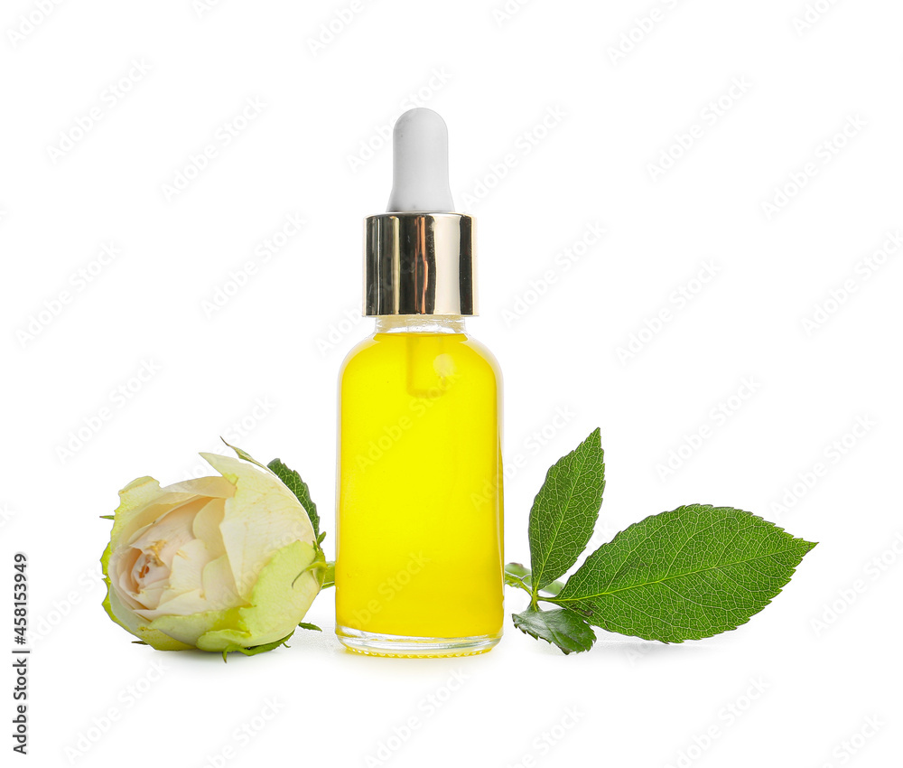 Bottle of healthy essential oil on white background