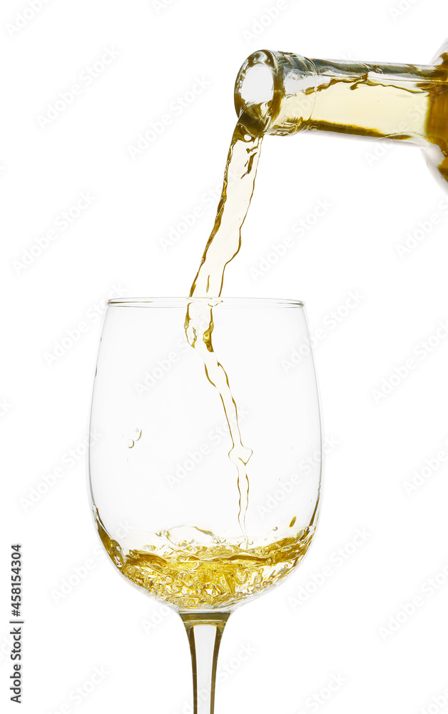 Pouring of delicious wine into glass on white background