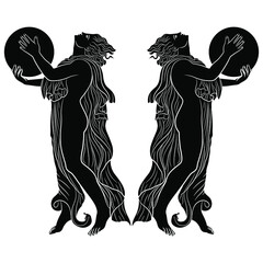 
Symmetrical design with two ancient Greek or Roman dancers with tambourines. Black and white negative silhouette.