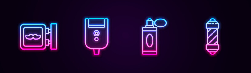 Sticker - Set line Barbershop, Electric razor blade for men, Aftershave bottle with atomizer and Classic pole. Glowing neon icon. Vector