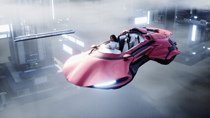 young girl on a flying car in the over clouds. Future concept. 3d rendering.