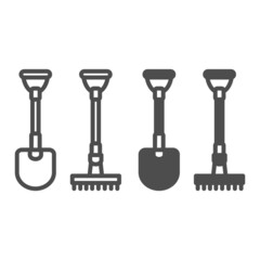 Poster - Shovel and rake garden tools line and solid icon, gardening concept, gardening spade and fork vector sign on white background, outline style icon for mobile concept and web design. Vector graphics.
