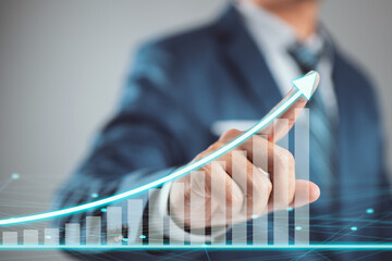Poster - Businessman plan growth and increase of positive indicators. Development and growth concept.