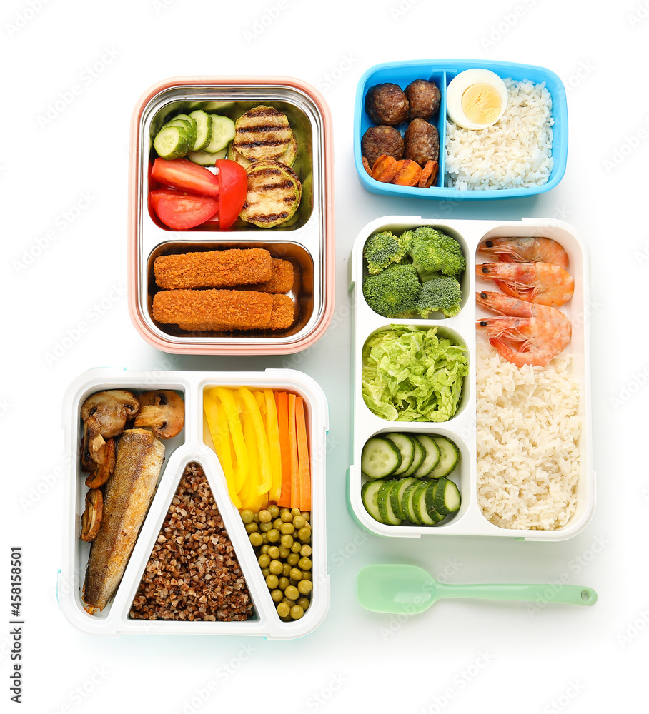 Different containers with delicious food and spoon isolated on white background