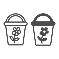 Poster - Bucket with flower for gardening line and solid icon, gardening concept, kids toy bucket vector sign on white background, outline style icon for mobile concept and web design. Vector graphics.