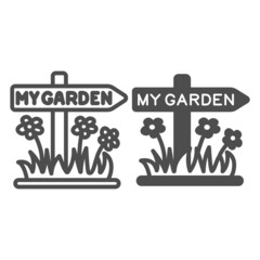 Poster - Garden signboard, arrow sign with flower line and solid icon, gardening concept, garden pointer vector sign on white background, outline style icon for mobile concept and web design. Vector graphics.