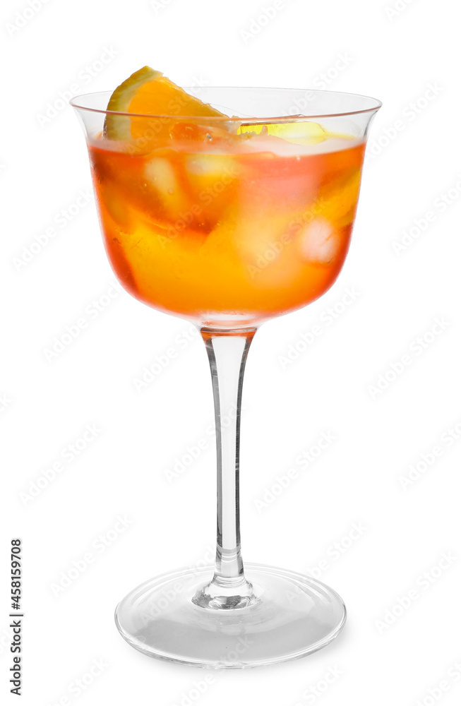 Glass of Aperol spritz cocktail on white background