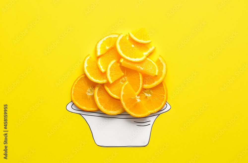 Creative composition with drawn bowl and orange slices on color background