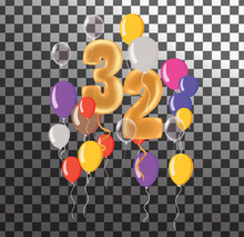 Happy Birthday Thirtytwo Year, Fun Celebration Anniversary Greeting Card With Number, Balloon On Background