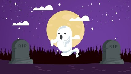 Sticker - happy halloween animation with ghost in cemetery