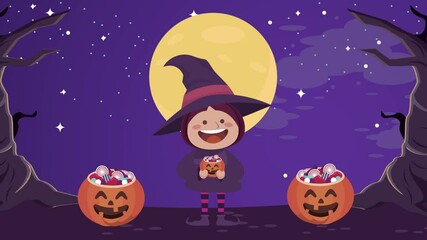 Sticker - child disguised as witch with candies pumpkins