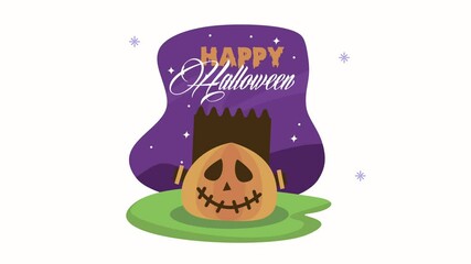 Poster - happy halloween lettering animation with frankenstein pumpkin