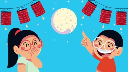 Sticker - mid autumn animation with kids and moon